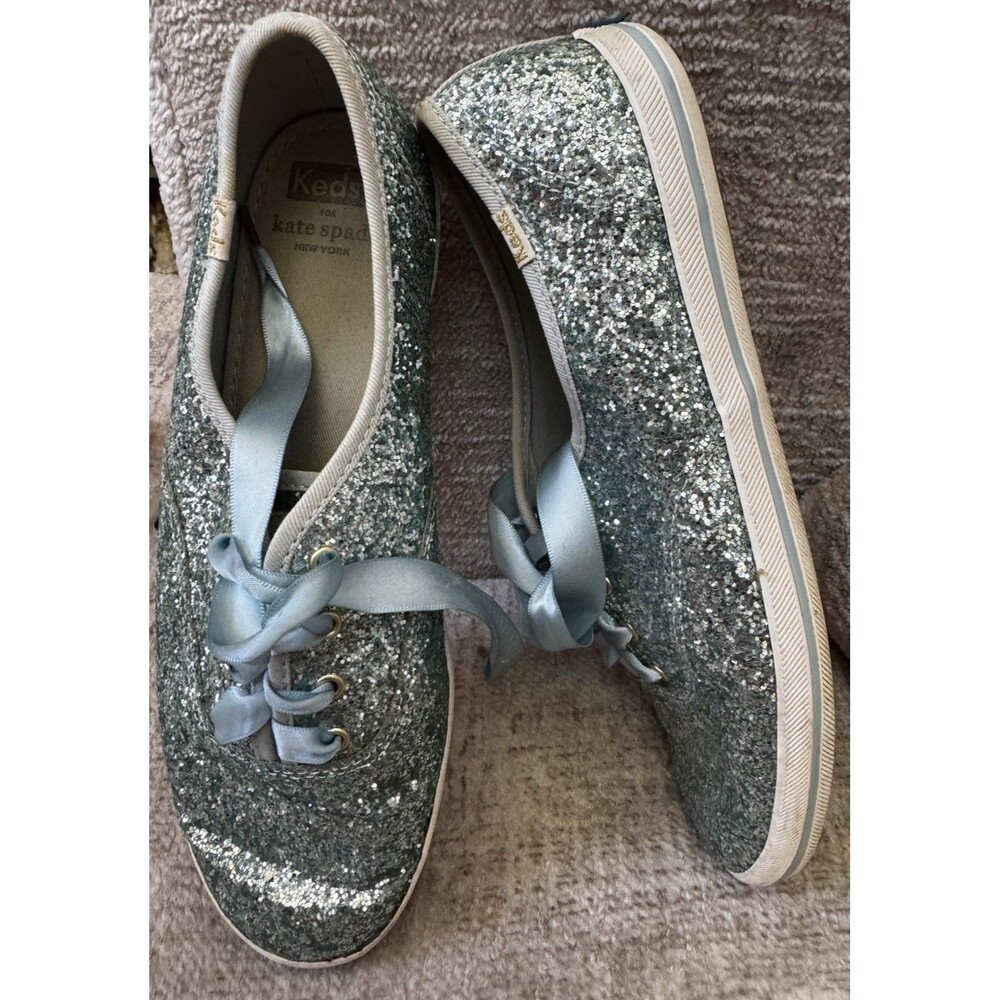 EUC Women 8.5 Sneakers Kate Spade New York Champion Blue Sparkly Glitter Ribbon